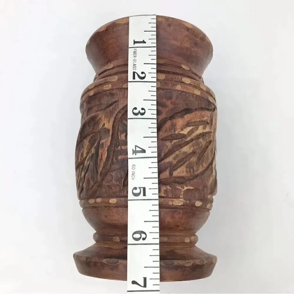 Wood Hand Carved Brown Turned Pedestal  Vase